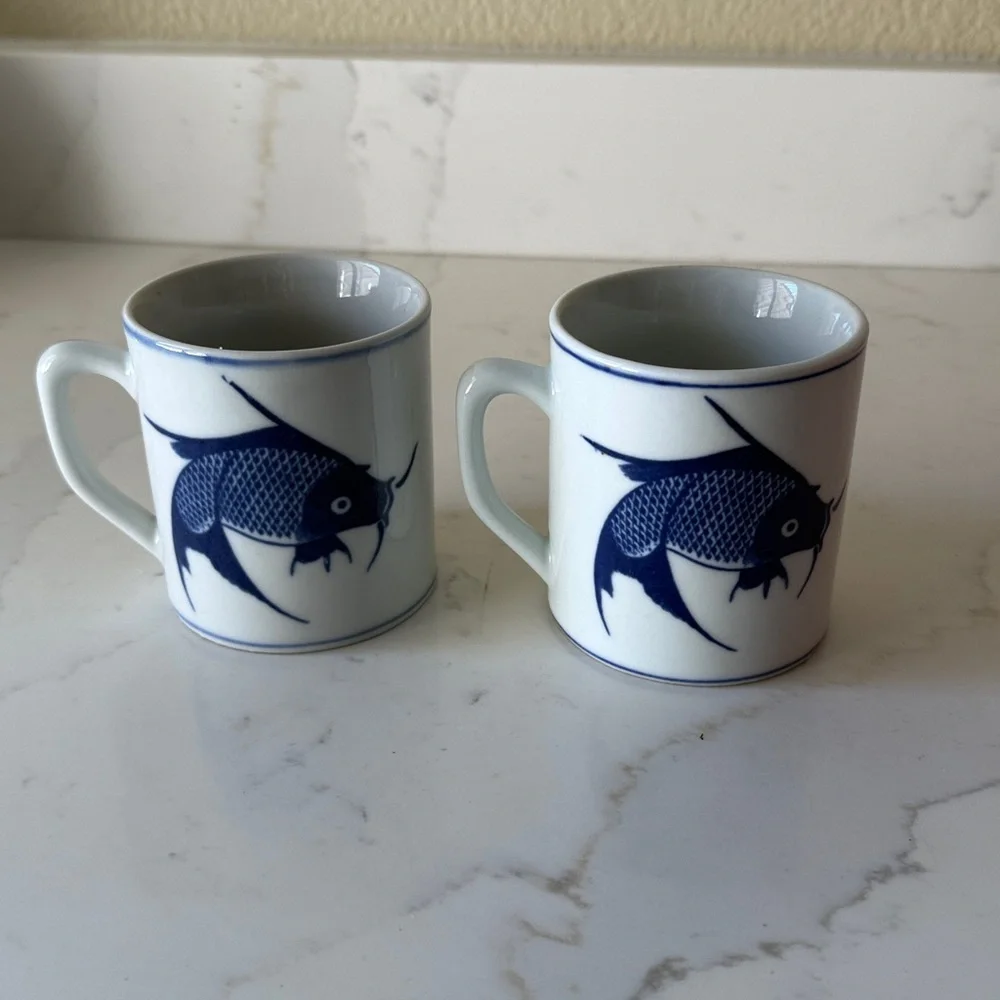 Vintage Pier 1 Koi Blue Mugs